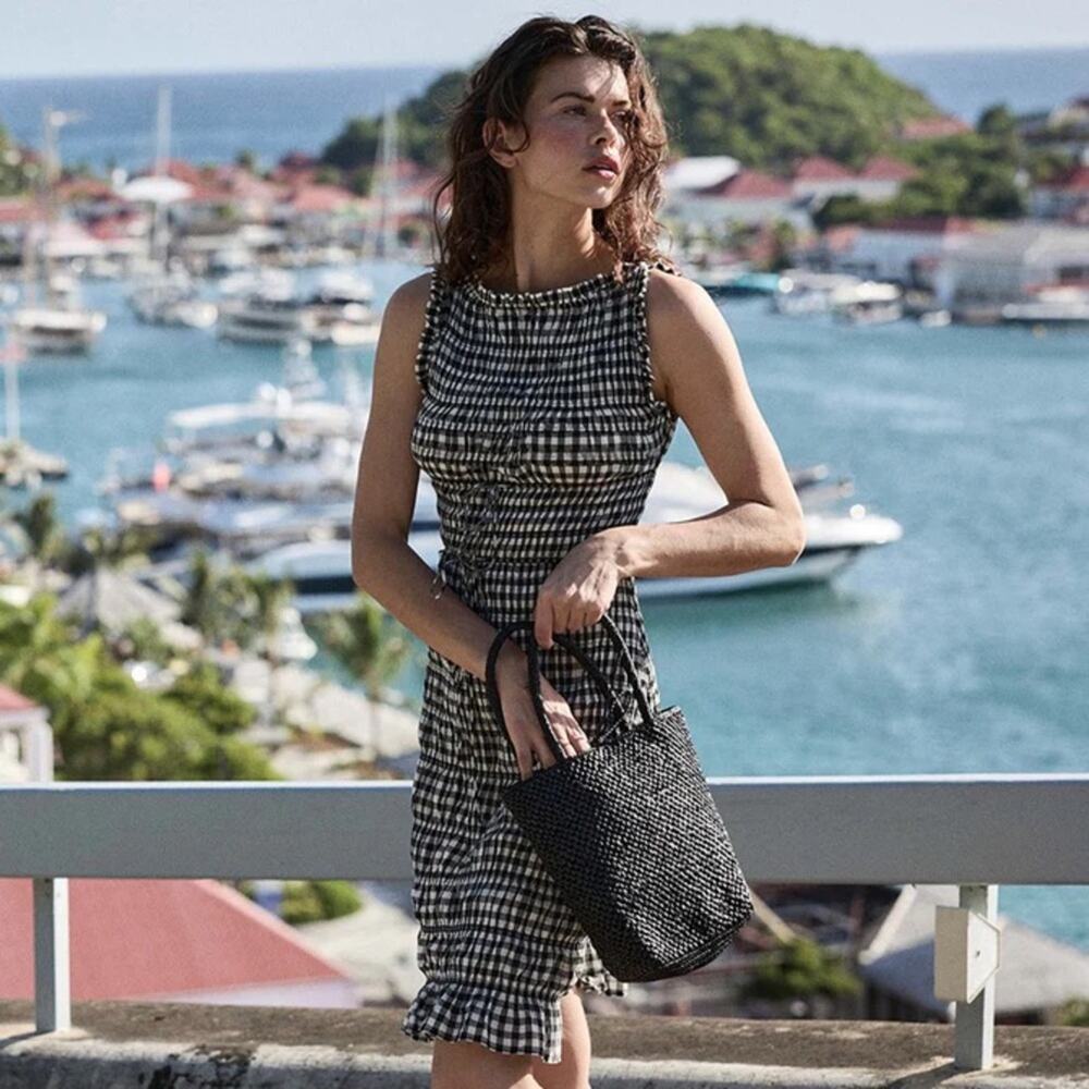 Doen Rosella Cotton Smocked Sleeveless Midi Dress Noir Greta Gingham Black